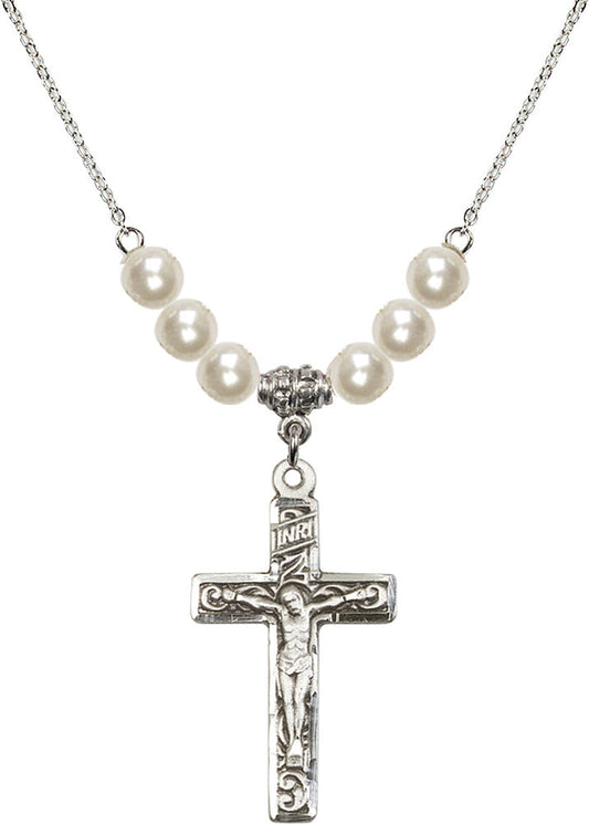 Sterling Silver Crucifix Birthstone Necklace with Faux-Pearl Beads - 0674