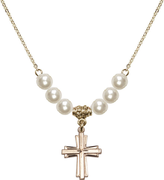 14kt Gold Filled Cross Birthstone Necklace with Faux-Pearl Beads - 0675