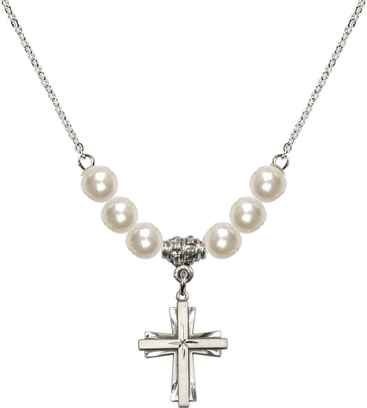 Sterling Silver Cross Birthstone Necklace with Faux-Pearl Beads - 0675