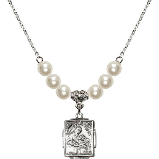 Sterling Silver Saint Ann Birthstone Necklace with Faux-Pearl Beads - 0804