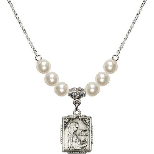 Sterling Silver Saint Cecilia Birthstone Necklace with Faux-Pearl Beads - 0804