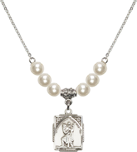 Sterling Silver Saint Christopher Birthstone Necklace with Faux-Pearl Beads - 0804