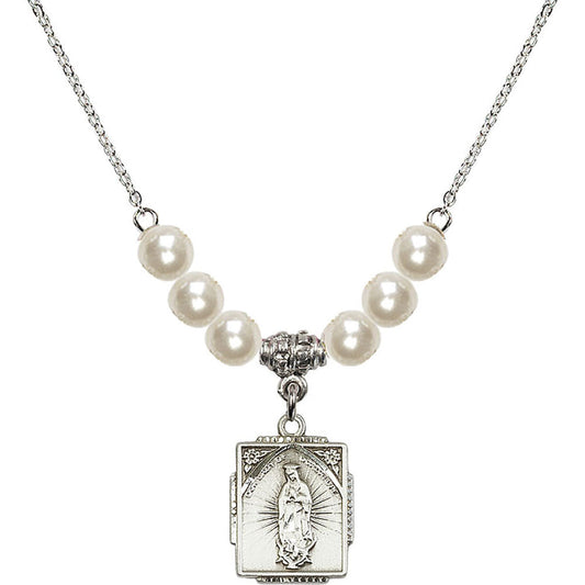 Sterling Silver Our Lady of Guadalupe Birthstone Necklace with Faux-Pearl Beads - 0804