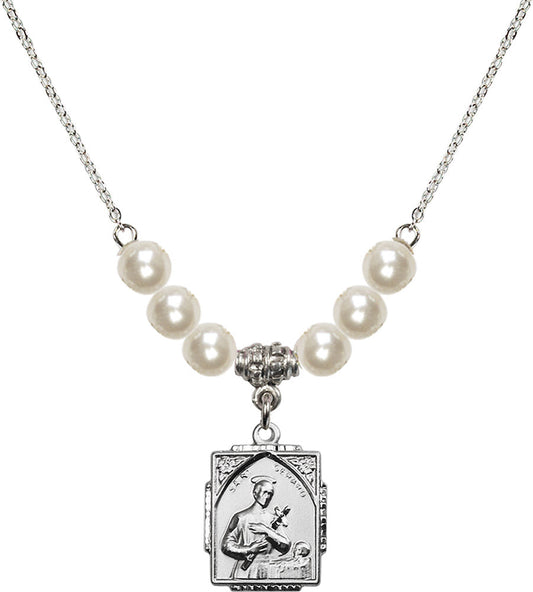 Sterling Silver Saint Gerard Birthstone Necklace with Faux-Pearl Beads - 0804