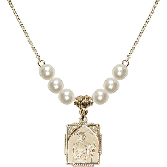 14kt Gold Filled Saint Jude Birthstone Necklace with Faux-Pearl Beads - 0804