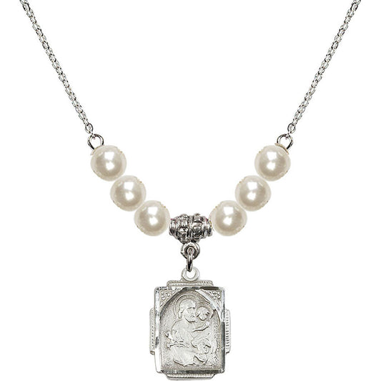 Sterling Silver Saint Joseph Birthstone Necklace with Faux-Pearl Beads - 0804