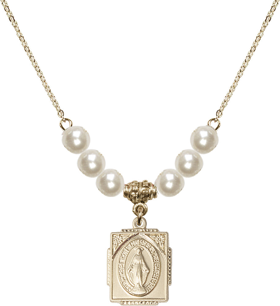14kt Gold Filled Miraculous Birthstone Necklace with Faux-Pearl Beads - 0804