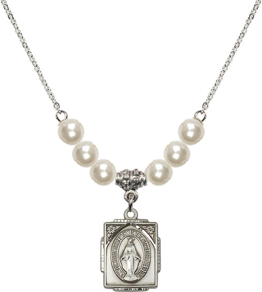 Sterling Silver Miraculous Birthstone Necklace with Faux-Pearl Beads - 0804
