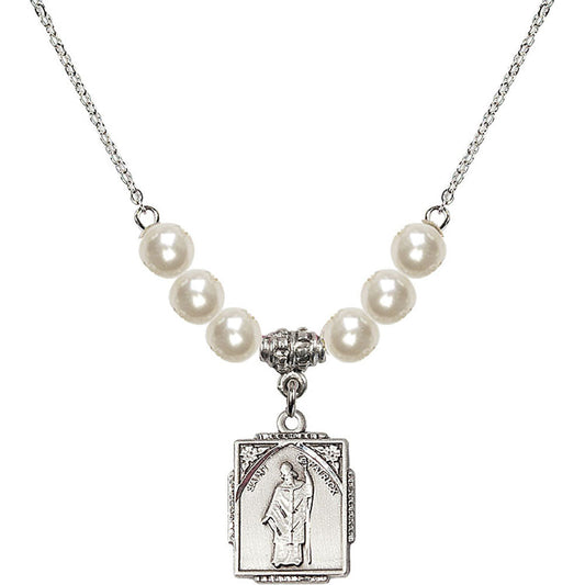 Sterling Silver Saint Patrick Birthstone Necklace with Faux-Pearl Beads - 0804