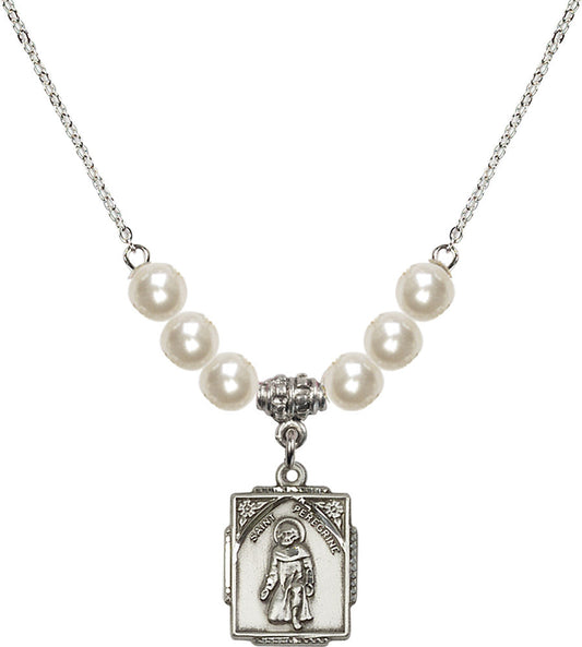 Sterling Silver Saint Peregrine Birthstone Necklace with Faux-Pearl Beads - 0804
