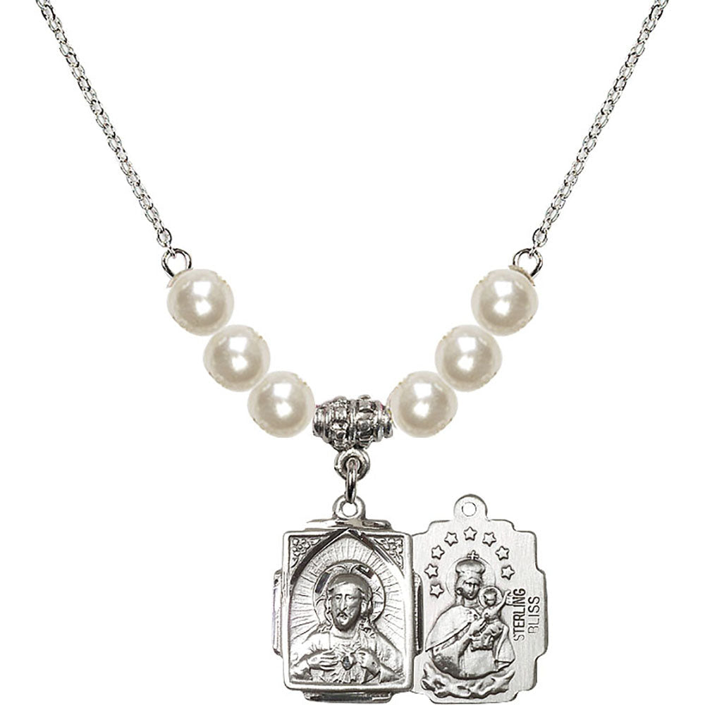 Sterling Silver Scapular Birthstone Necklace with Faux-Pearl Beads - 0804