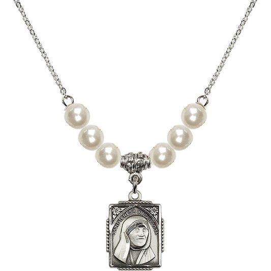 Sterling Silver Saint Teresa of Calcutta Birthstone Necklace with Faux-Pearl Beads - 0804