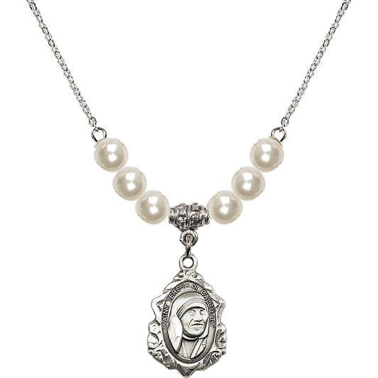 Sterling Silver Saint Teresa of Calcutta Birthstone Necklace with Faux-Pearl Beads - 0812
