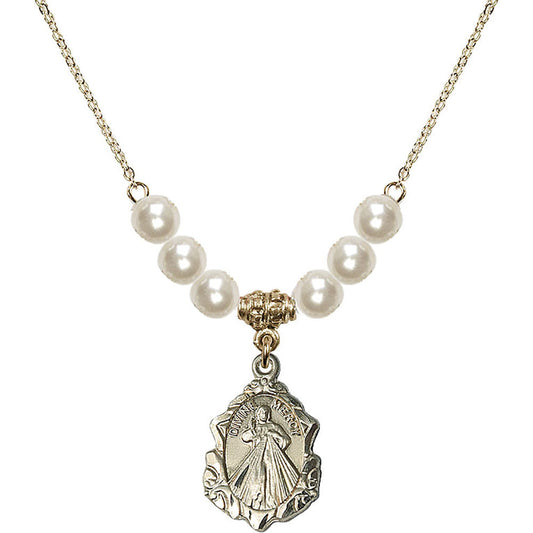 14kt Gold Filled Divine Mercy Birthstone Necklace with Faux-Pearl Beads - 0822