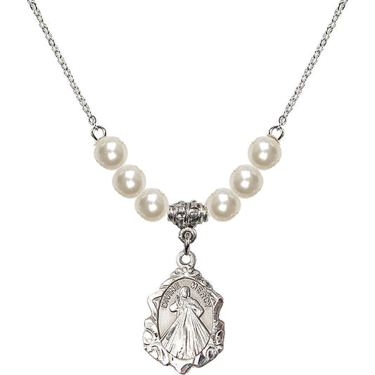 Sterling Silver Divine Mercy Birthstone Necklace with Faux-Pearl Beads - 0822