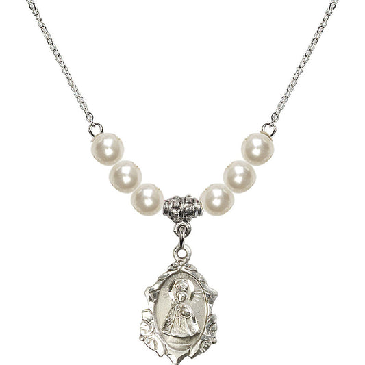 Sterling Silver Infant of Prague Birthstone Necklace with Faux-Pearl Beads - 0822