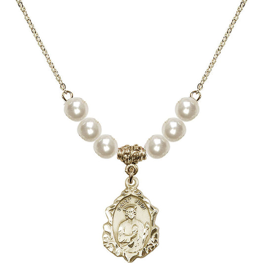 14kt Gold Filled Saint Jude Birthstone Necklace with Faux-Pearl Beads - 0822
