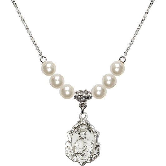 Sterling Silver Saint Jude Birthstone Necklace with Faux-Pearl Beads - 0822