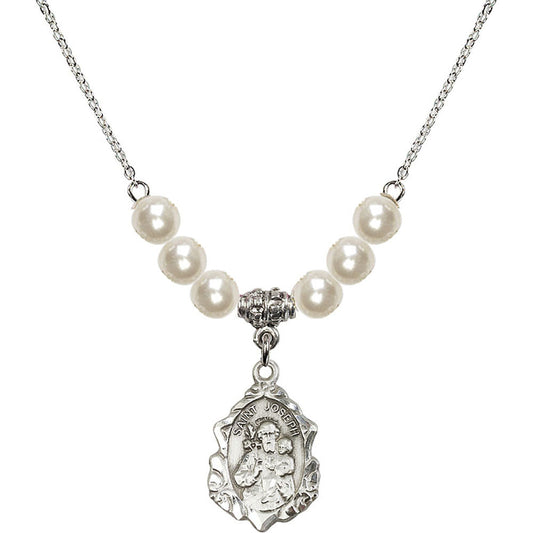 Sterling Silver Saint Joseph Birthstone Necklace with Faux-Pearl Beads - 0822