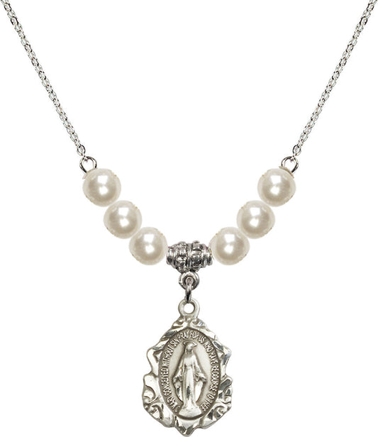 Sterling Silver Miraculous Birthstone Necklace with Faux-Pearl Beads - 0822