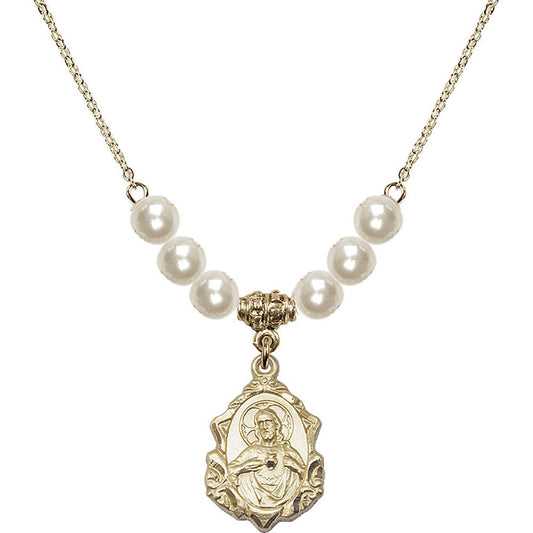 14kt Gold Filled Scapular Birthstone Necklace with Faux-Pearl Beads - 0822