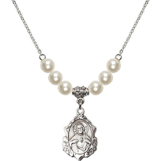 Sterling Silver Scapular Birthstone Necklace with Faux-Pearl Beads - 0822