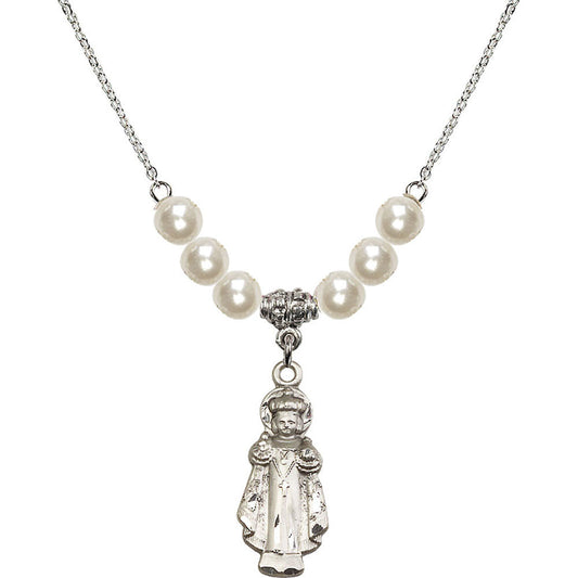 Sterling Silver Infant of Prague Birthstone Necklace with Faux-Pearl Beads - 0824