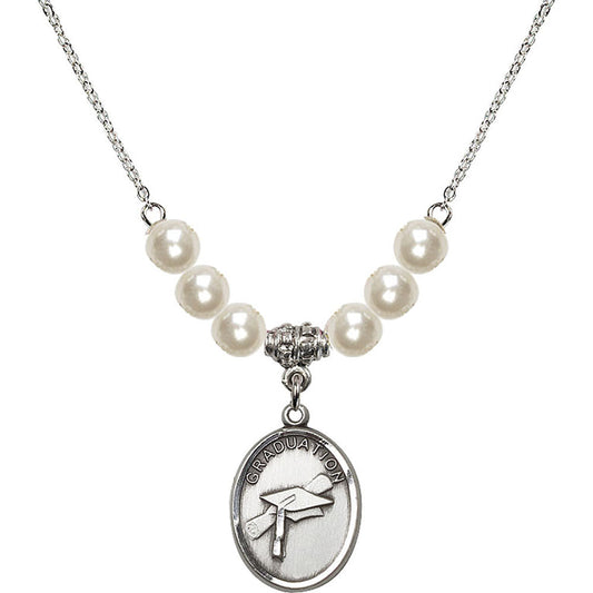 Sterling Silver Graduation Birthstone Necklace with Faux-Pearl Beads - 0872