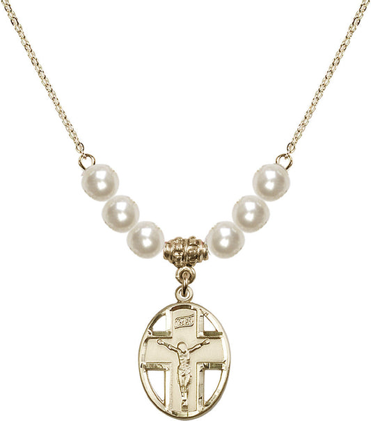 14kt Gold Filled Crucifix Birthstone Necklace with Faux-Pearl Beads - 0878