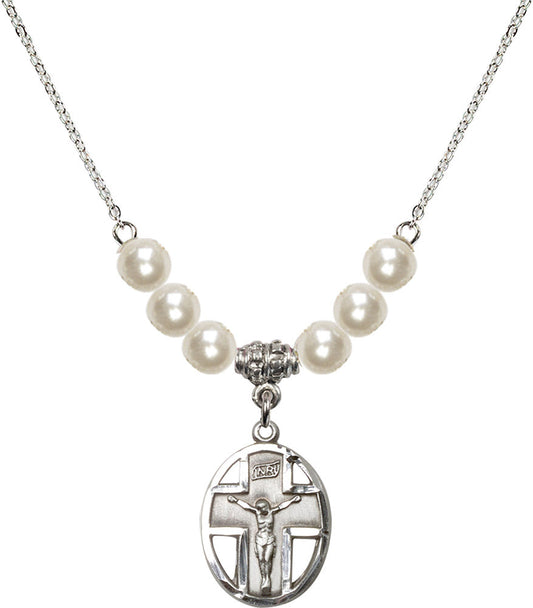 Sterling Silver Crucifix Birthstone Necklace with Faux-Pearl Beads - 0878