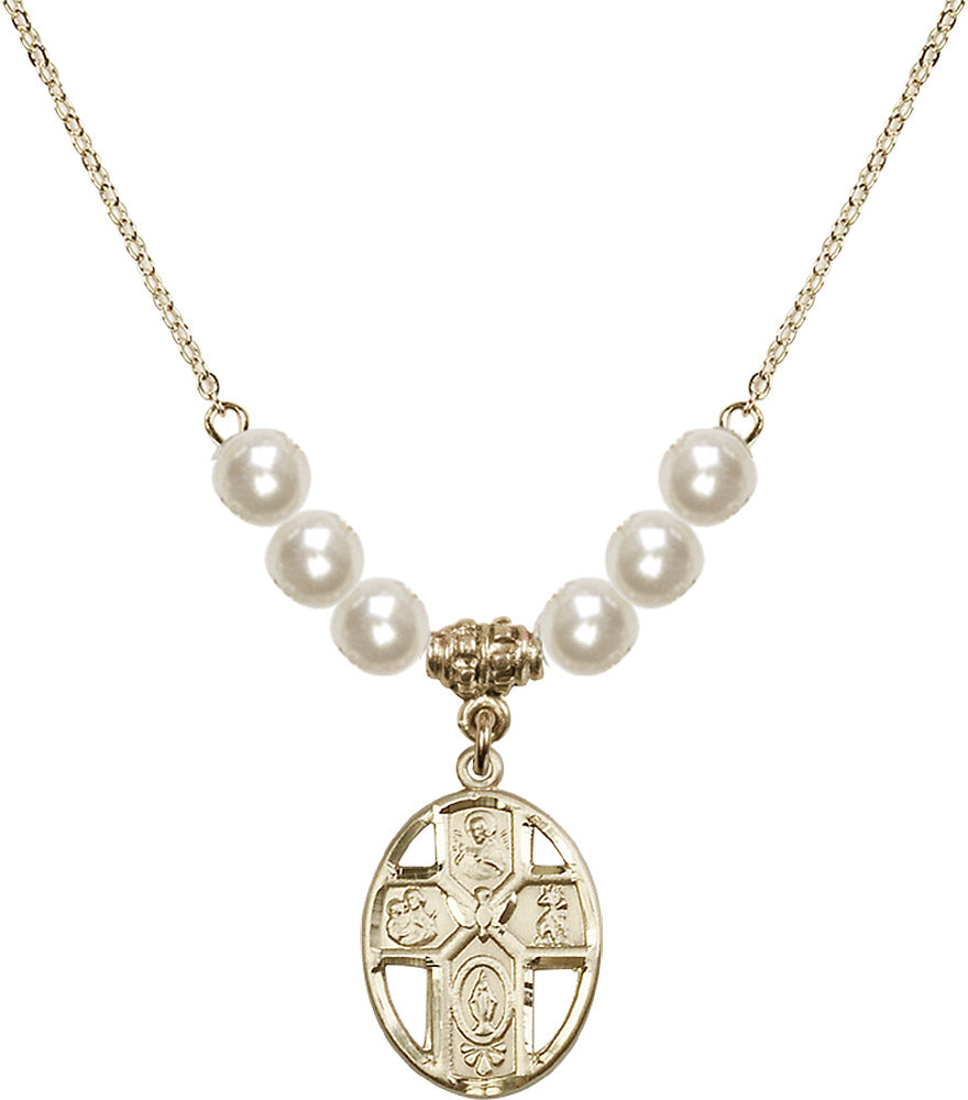 14kt Gold Filled 5-Way / Holy Spirit Birthstone Necklace with Faux-Pearl Beads - 0880