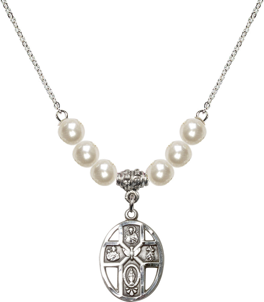 Sterling Silver 5-Way / Holy Spirit Birthstone Necklace with Faux-Pearl Beads - 0880
