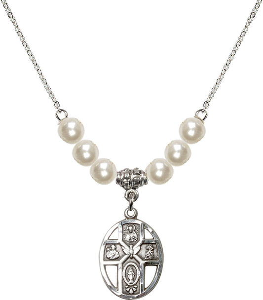 Sterling Silver 5-Way / Holy Spirit Birthstone Necklace with Faux-Pearl Beads - 0880