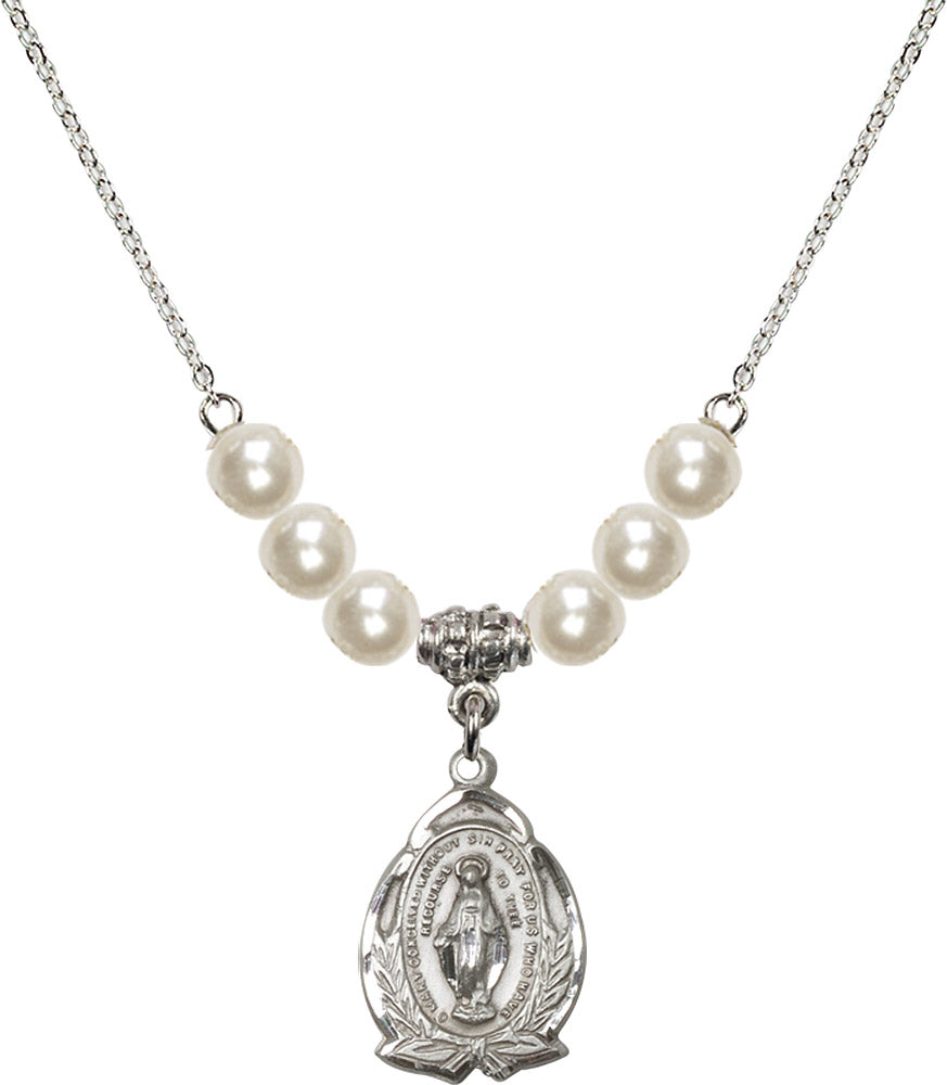 Sterling Silver Miraculous Birthstone Necklace with Faux-Pearl Beads - 1481