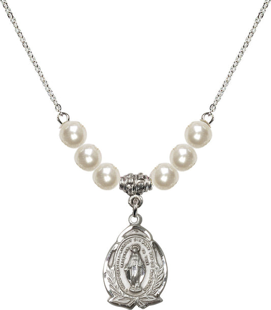 Sterling Silver Miraculous Birthstone Necklace with Faux-Pearl Beads - 1481