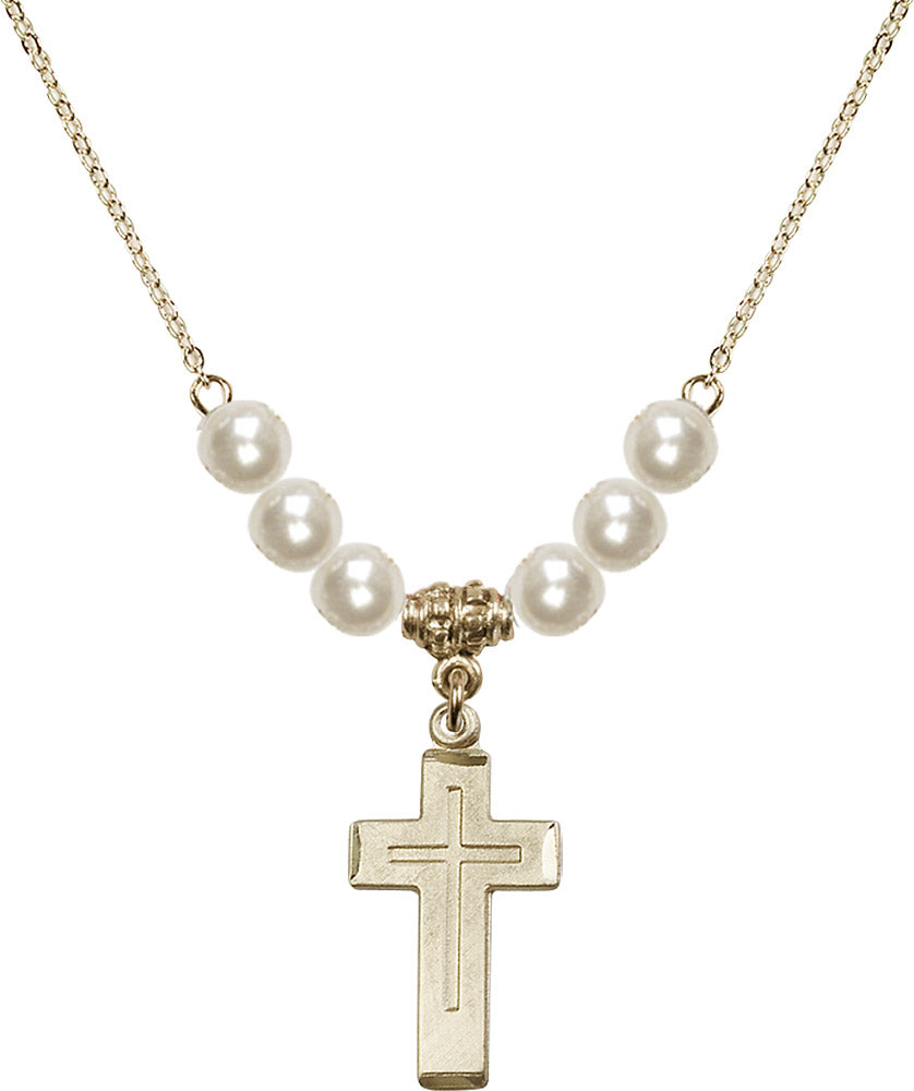 14kt Gold Filled Cross Birthstone Necklace with Faux-Pearl Beads - 1529