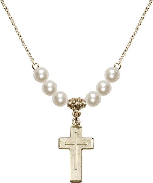 14kt Gold Filled Cross Birthstone Necklace with Faux-Pearl Beads - 1529