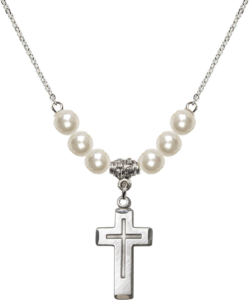 Sterling Silver Cross Birthstone Necklace with Faux-Pearl Beads - 1529