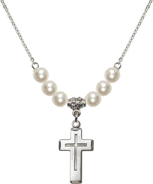 Sterling Silver Cross Birthstone Necklace with Faux-Pearl Beads - 1529
