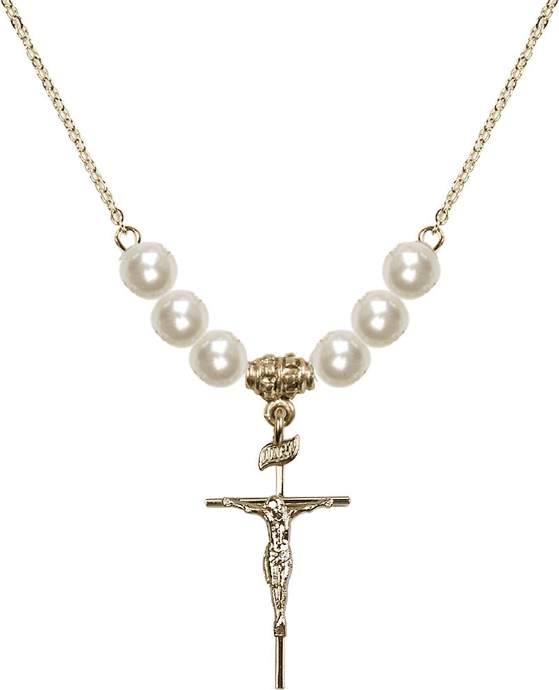 14kt Gold Filled Crucifix Birthstone Necklace with Faux-Pearl Beads - 1535