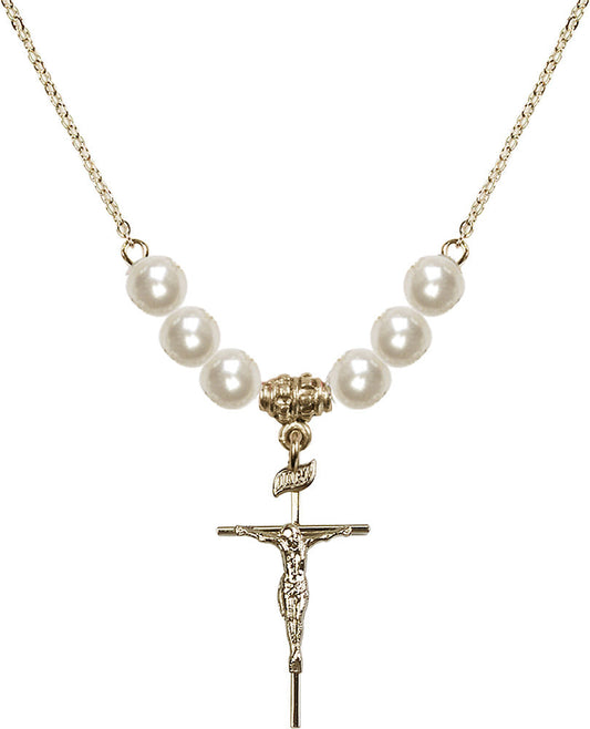 14kt Gold Filled Crucifix Birthstone Necklace with Faux-Pearl Beads - 1535