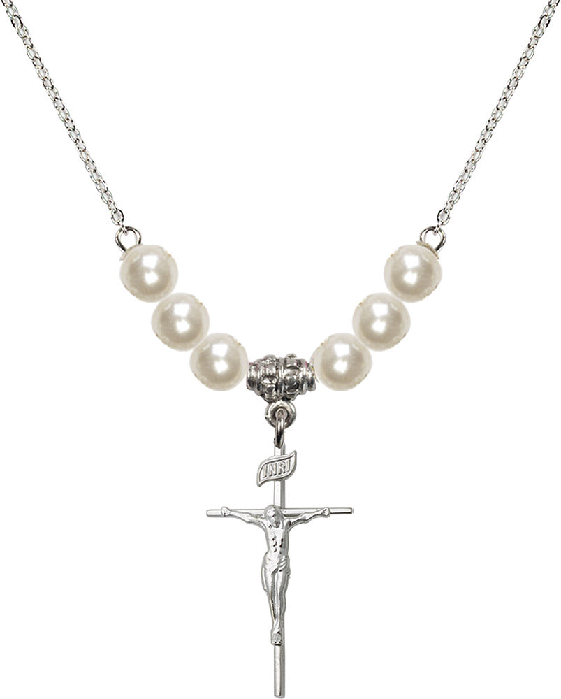 Sterling Silver Crucifix Birthstone Necklace with Faux-Pearl Beads - 1535