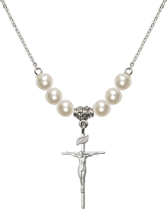 Sterling Silver Crucifix Birthstone Necklace with Faux-Pearl Beads - 1535