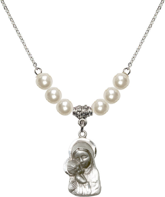 Sterling Silver Madonna & Child Birthstone Necklace with Faux-Pearl Beads - 1612