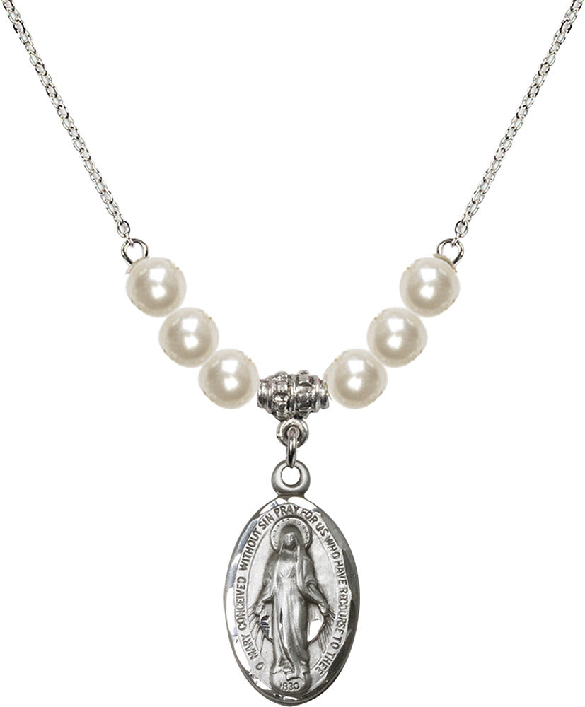 Sterling Silver Miraculous Birthstone Necklace with Faux-Pearl Beads - 1615