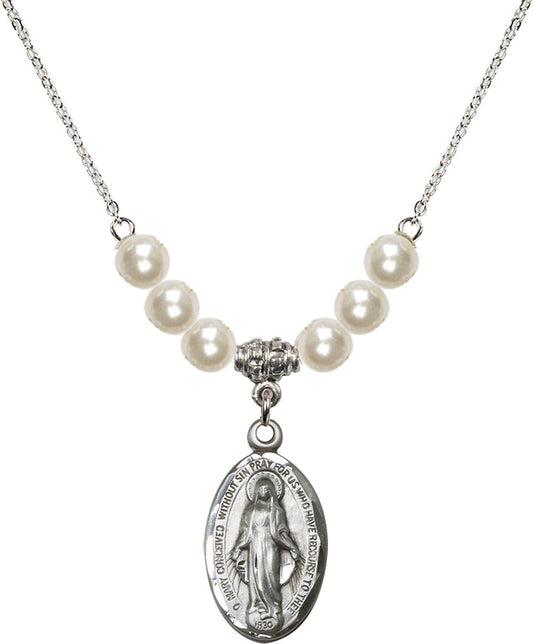 Sterling Silver Miraculous Birthstone Necklace with Faux-Pearl Beads - 1615