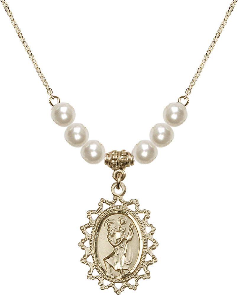 14kt Gold Filled Saint Christopher Birthstone Necklace with Faux-Pearl Beads - 1619