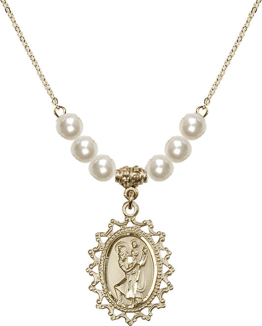 14kt Gold Filled Saint Christopher Birthstone Necklace with Faux-Pearl Beads - 1619