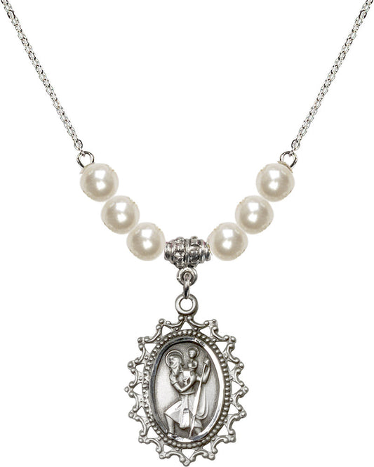 Sterling Silver Saint Christopher Birthstone Necklace with Faux-Pearl Beads - 1619