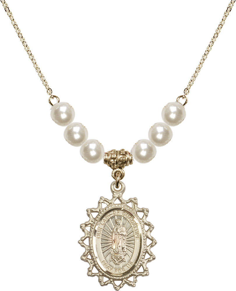 14kt Gold Filled Our Lady of Guadalupe Birthstone Necklace with Faux-Pearl Beads - 1619